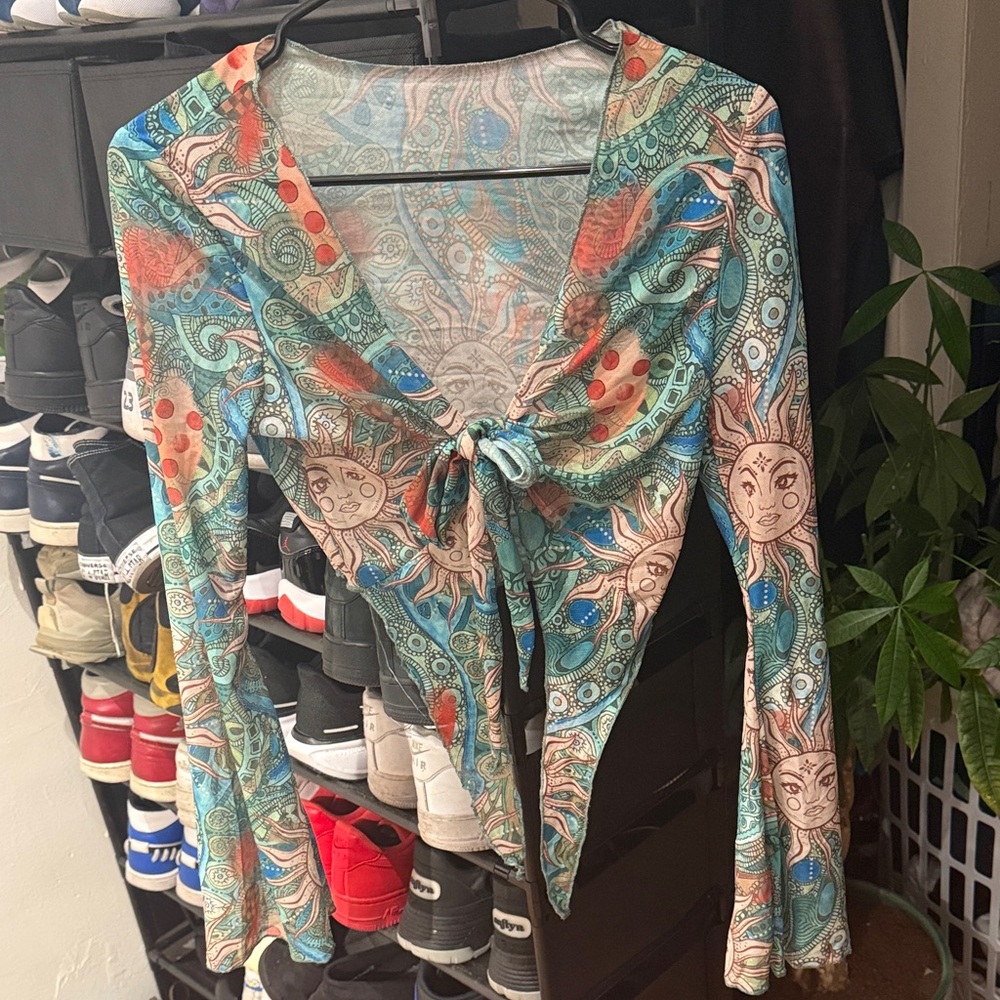 Vibrant Sun and Moon Tie-Front Top